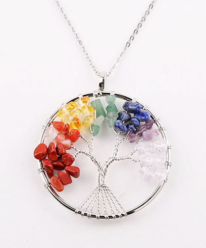Round Tree of Life Pendant with Genuine multi colored Crystals